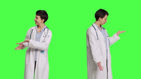 Woman-medic-does-web-advertisement-against-greenscreen-backdrop
